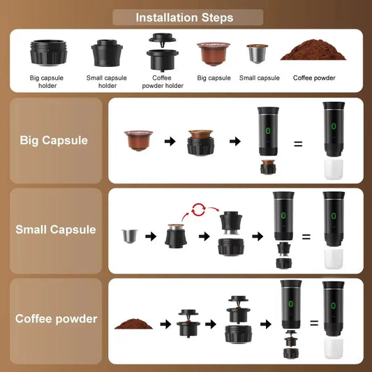 Wireless Electric Portable Espresso Coffee Machine for Car & Home Camping Coffee Maker 3-in-1 Capsule Powder Travel Coffee Maker