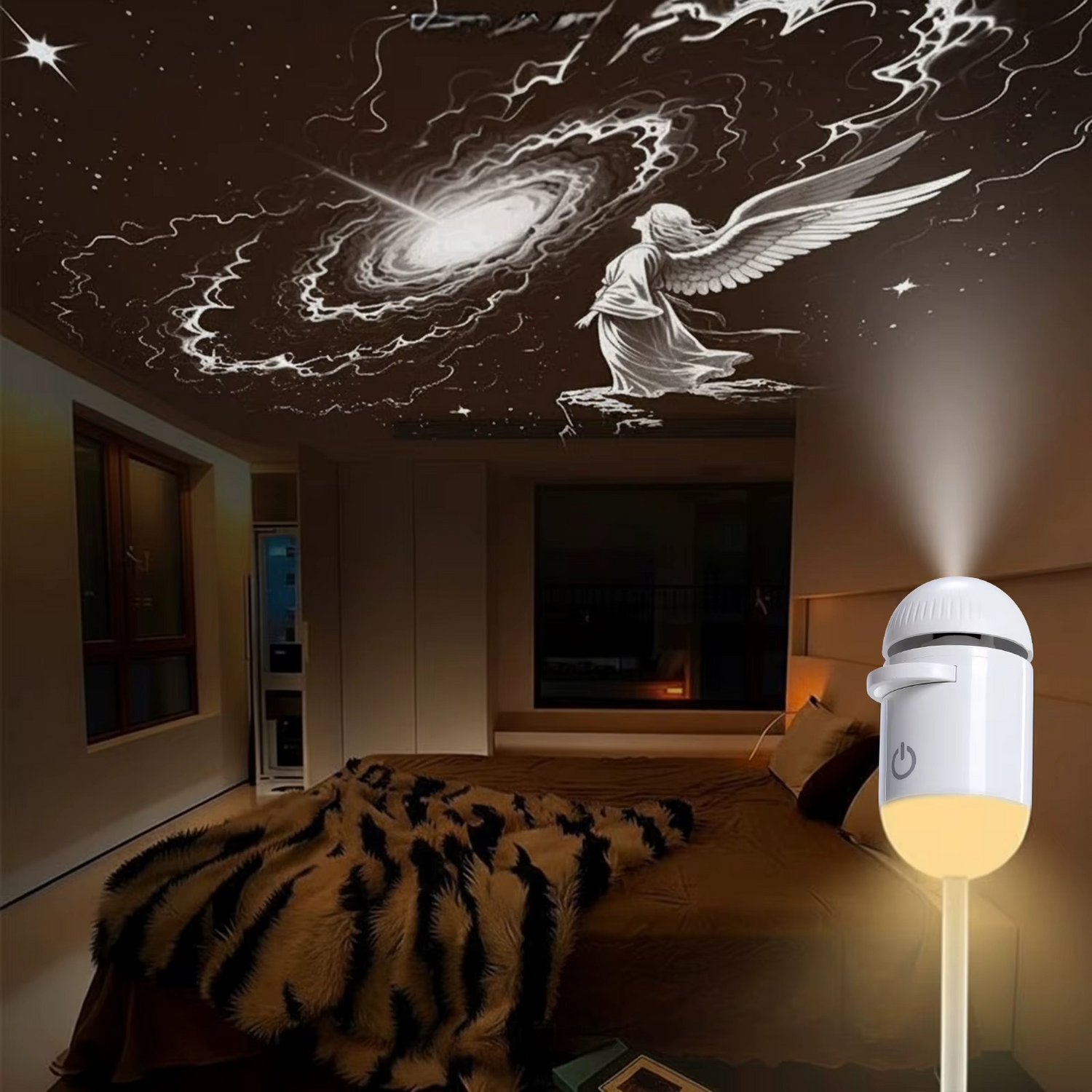 Dormitorio de noche con el techo lleno de estrellas proyectadas por DreamSky