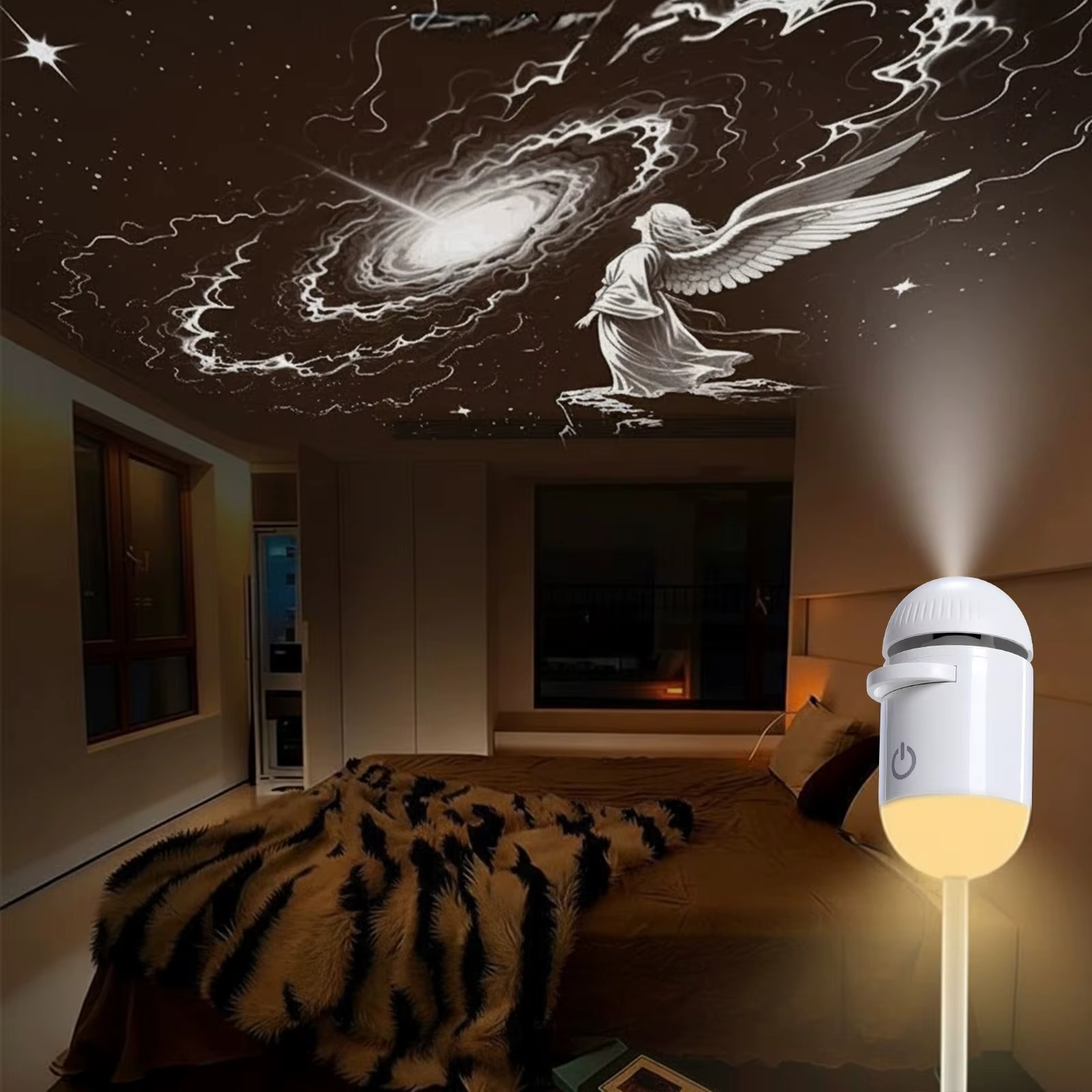 Dormitorio de noche con el techo lleno de estrellas proyectadas por DreamSky