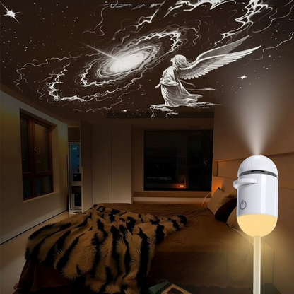 Dormitorio de noche con el techo lleno de estrellas proyectadas por DreamSky