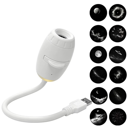 Proyector DreamSky con cuello flexible USB junto a sus discos intercambiables