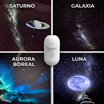 Cuatro escenas proyectadas: Saturno, Galaxia, Aurora Boreal y Luna