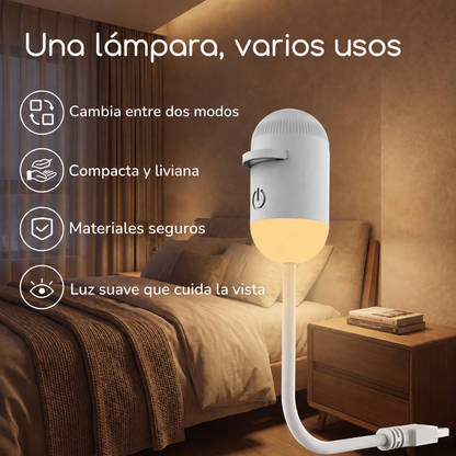 Una lámpara, varios usos: dos modos, compacta y liviana, materiales seguros, luz suave