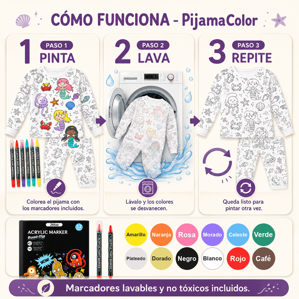 Cómo funciona PijamaColor: pinta, lava y repite