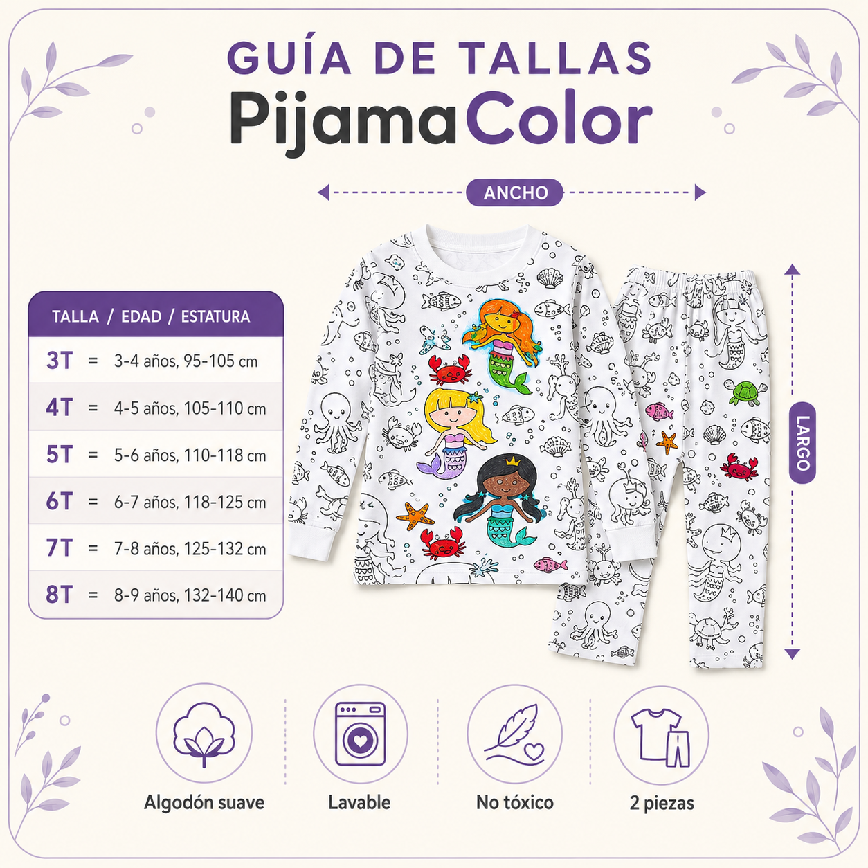 Guía de tallas PijamaColor 3T a 8T